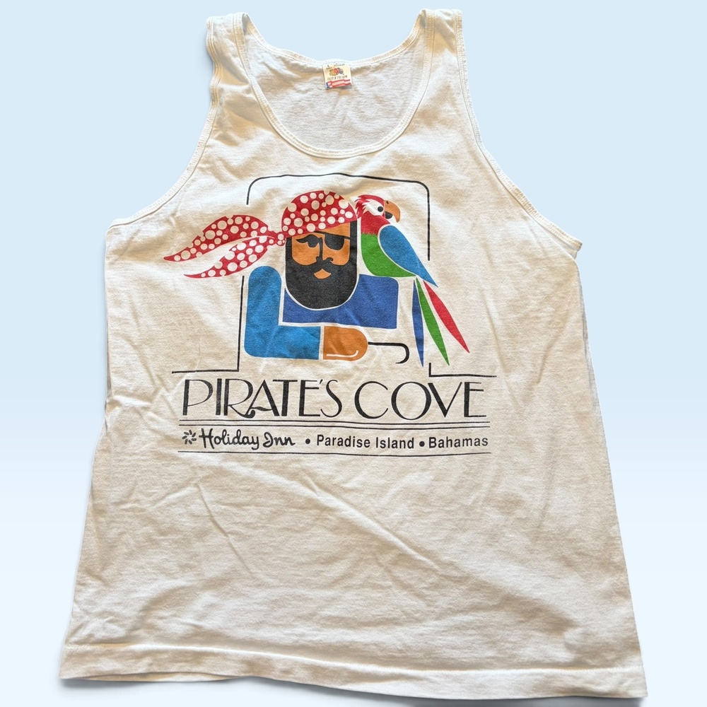 Vintage Pirates Cove Shirt Mens Large White Tank Fruit Of The Loom Bahamas